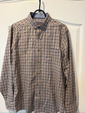 New Johnston & Murphy Men's Button-Down Plaid Shirt in Beige and Blue
